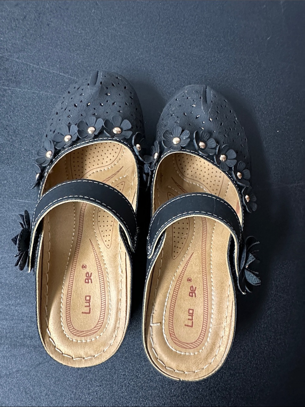 Black Floral Mary Jane Slip-On Flats